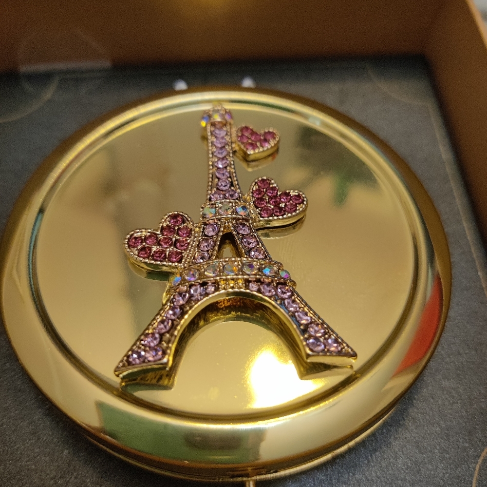 Monet Mirror Compact with Eiffel Tower in Rhinestones